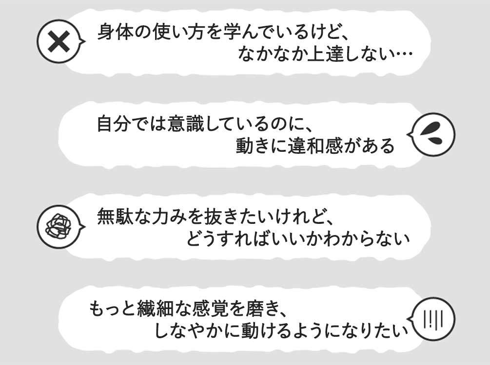 お悩み例,身体の使い方を学んでいるけどなかなか上達しない,自分では意識しているのに動きに違和感がある,無駄な力みを抜きたいけれどどうすればいいか分からない,もっと繊細な感覚を磨きしなやかに動けるようになりたい